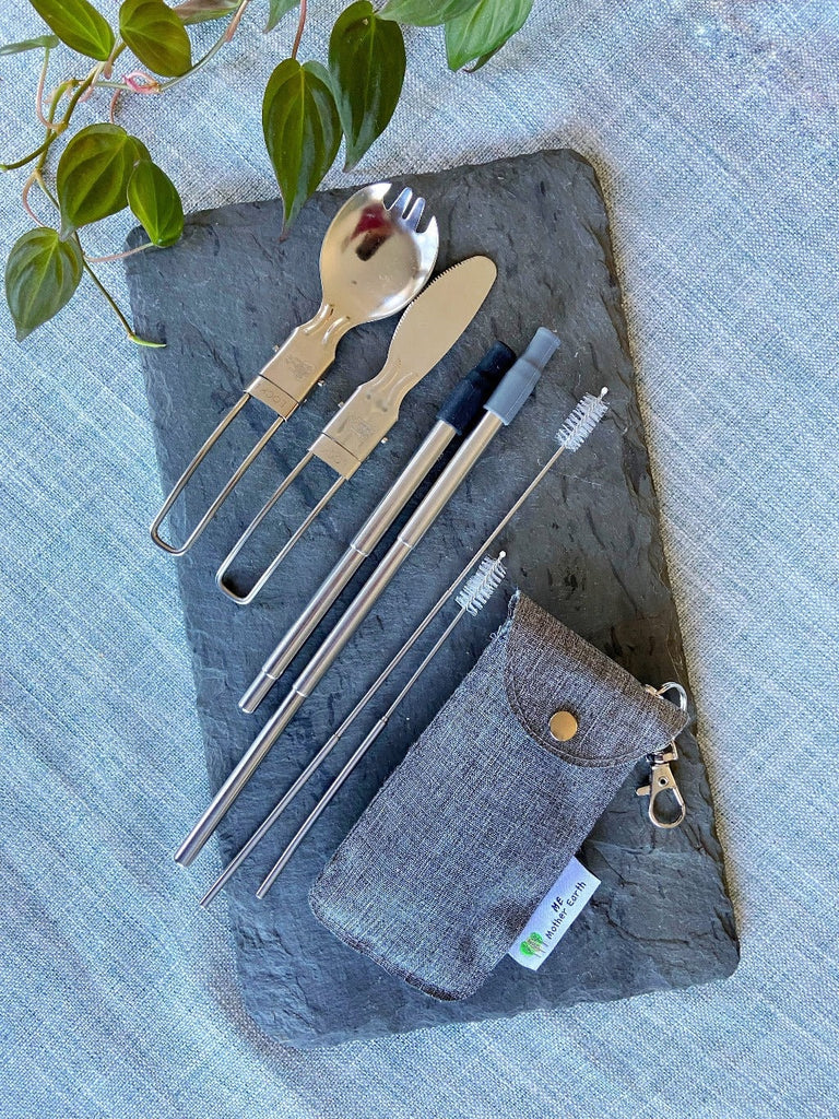 Me Mother Earth Stainless Steel Collapsible Straw & Foldable Cutlery Set with Travel Bag