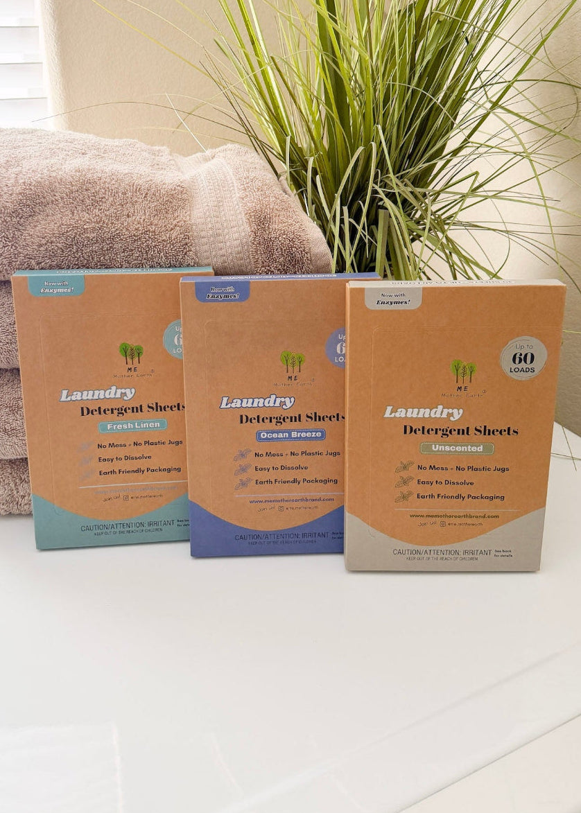 Me Mother Earth laundry detergent sheets in a kraft paper box