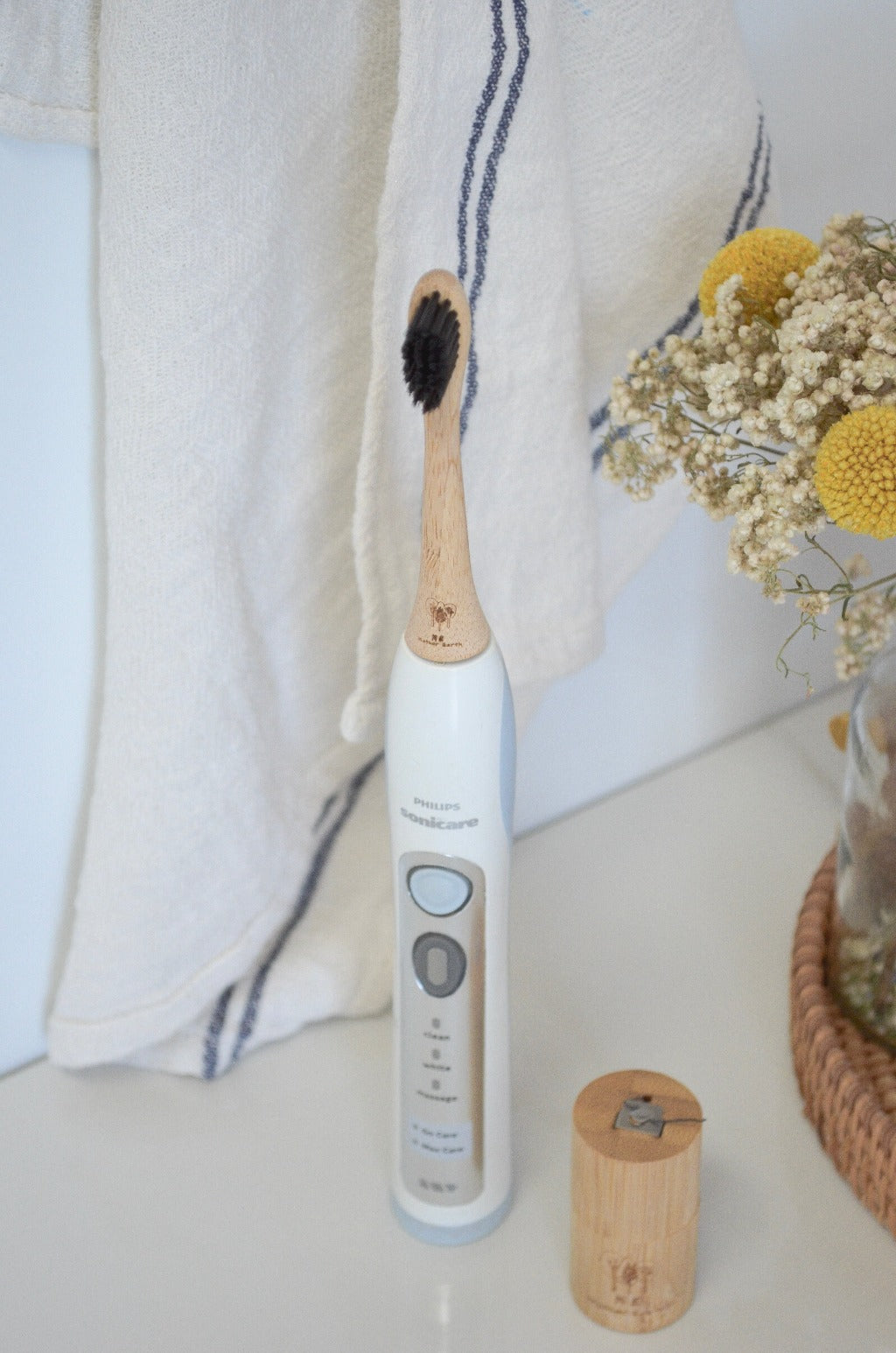 Bamboo toothbrush head on Sonicare handle