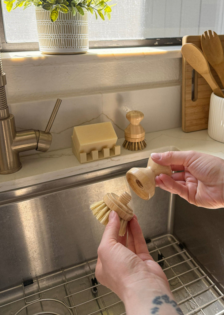 Person holding wooden dish brushes in a kitchen sink with soap and a plant in the background.