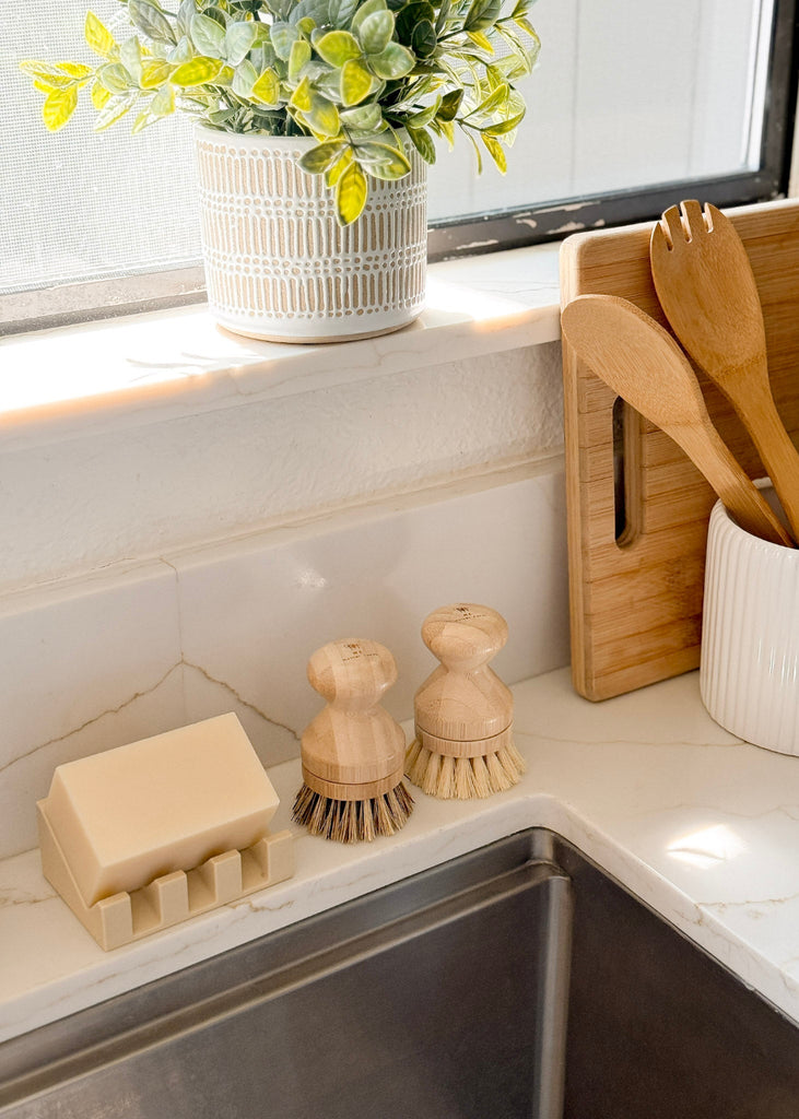 Kitchen counter with soap, brushes, and a plant on a windowsill