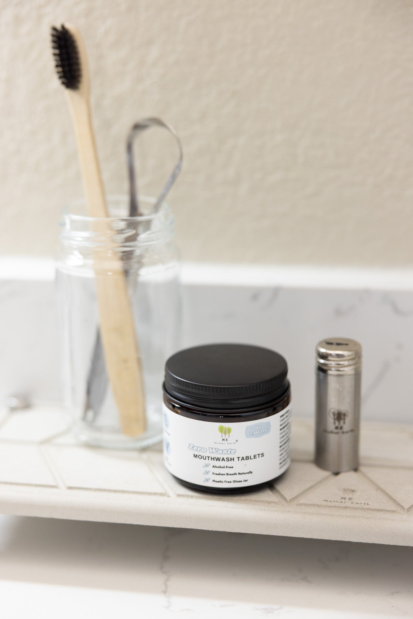 Zero waste mouthwash tablets in reusable amber glass jar