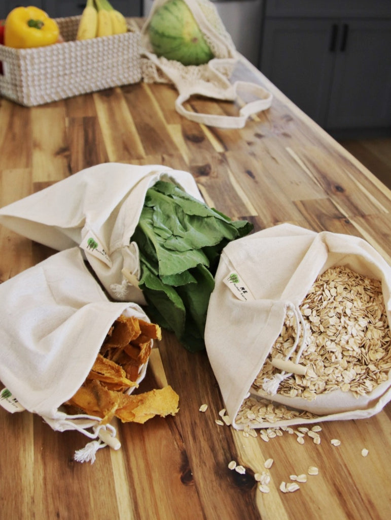 Reusable Cotton Muslin Bulk Bags  with oats in bulk, Spinach, and dried mangos in bulk. package free
